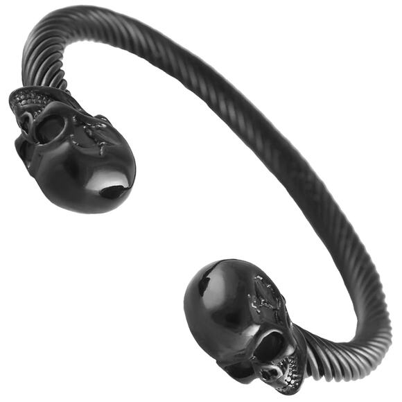 Black PVD Stainless Steel Twisted Cable Bangle w/ Skull Heads  SBR-817 B - Picture 1 of 1
